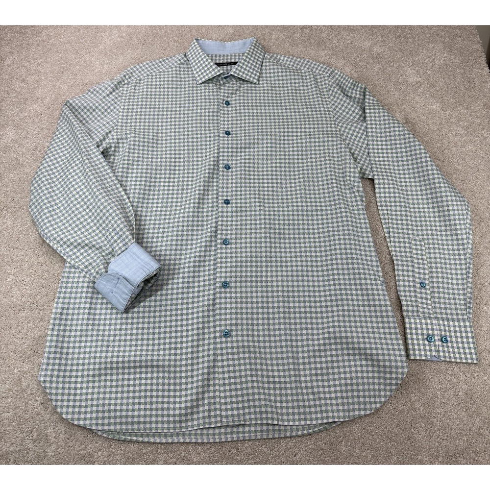 Hammer Made Men XL 43/17 Dress Shirt Blue Green Gingham Long Sleeve Flipped Cuff
